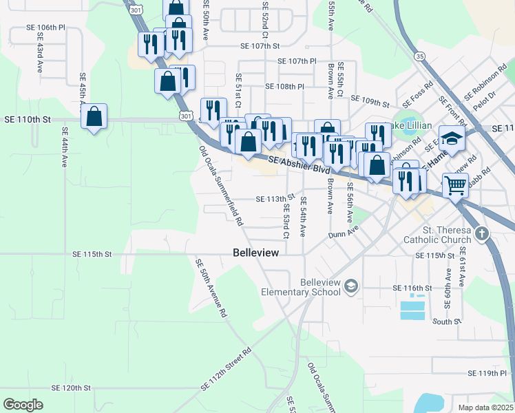map of restaurants, bars, coffee shops, grocery stores, and more near 5226 Southeast 113th Street in Belleview