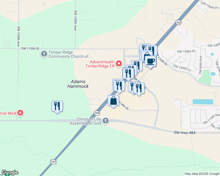 map of restaurants, bars, coffee shops, grocery stores, and more near 9589 Southwest State Road 200 in Ocala