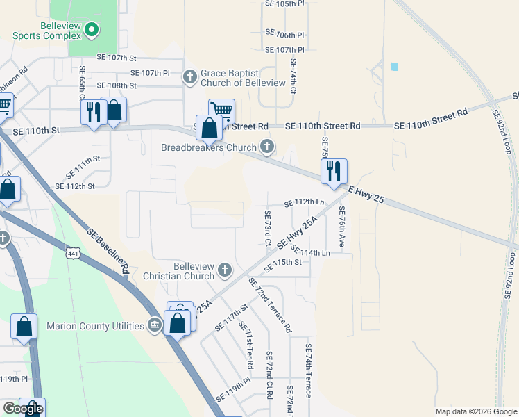 map of restaurants, bars, coffee shops, grocery stores, and more near 11278 Southeast 73rd Court in Belleview