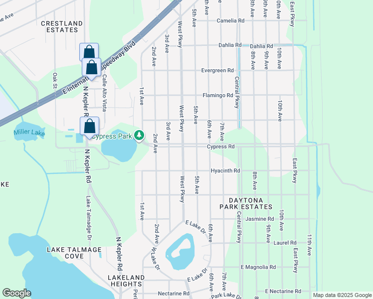 map of restaurants, bars, coffee shops, grocery stores, and more near 2490 Cypress Road in DeLand