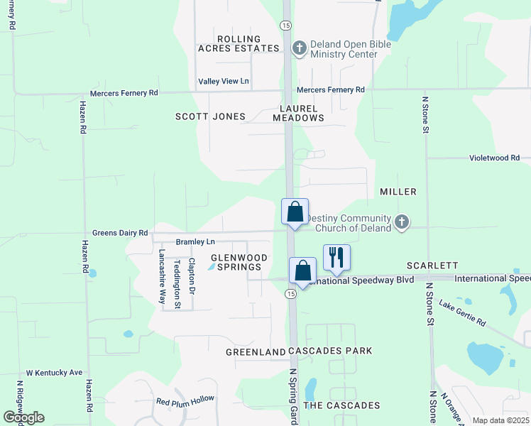 map of restaurants, bars, coffee shops, grocery stores, and more near 1111 Greens Dairy Road in DeLand