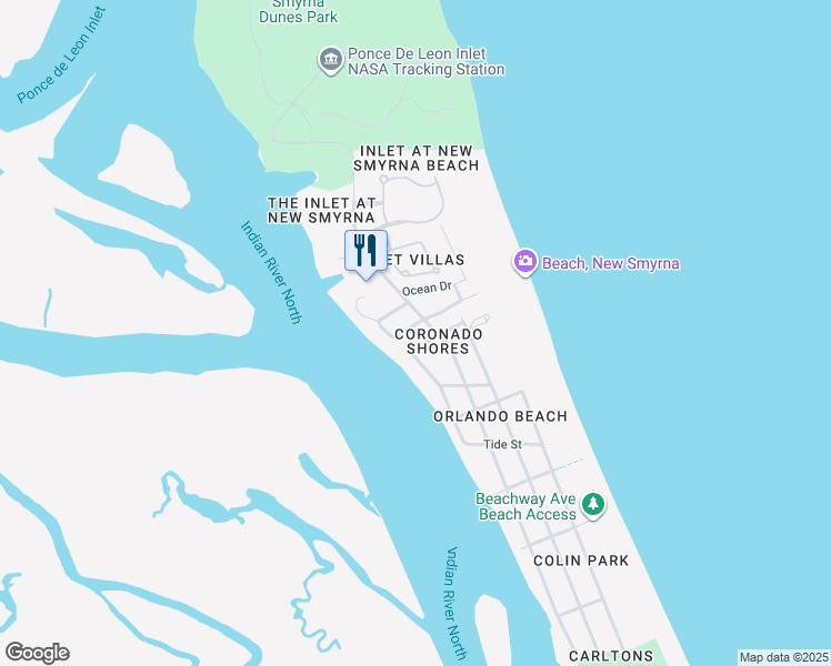 map of restaurants, bars, coffee shops, grocery stores, and more near 105 Dune Circle in New Smyrna Beach