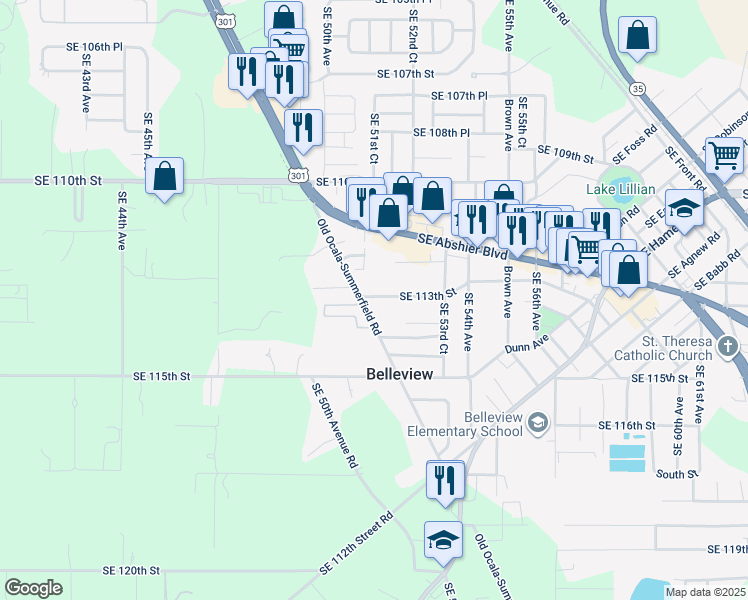 map of restaurants, bars, coffee shops, grocery stores, and more near 5210 Southeast 113th Street in Belleview