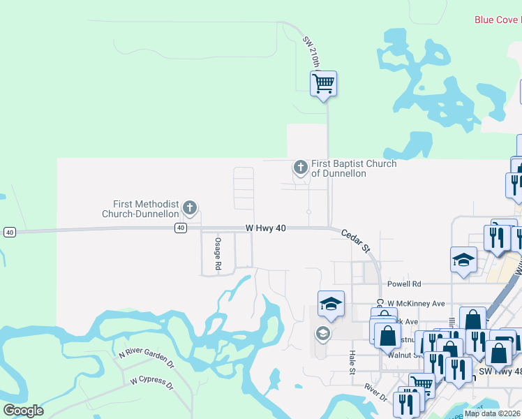 map of restaurants, bars, coffee shops, grocery stores, and more near 21259 West Highway 40 in Dunnellon