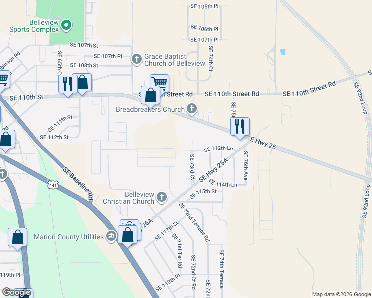 map of restaurants, bars, coffee shops, grocery stores, and more near 11278 Southeast 73rd Court in Belleview