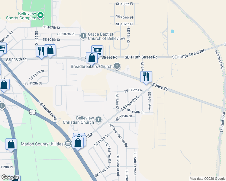 map of restaurants, bars, coffee shops, grocery stores, and more near 11278 Southeast 73rd Court in Belleview