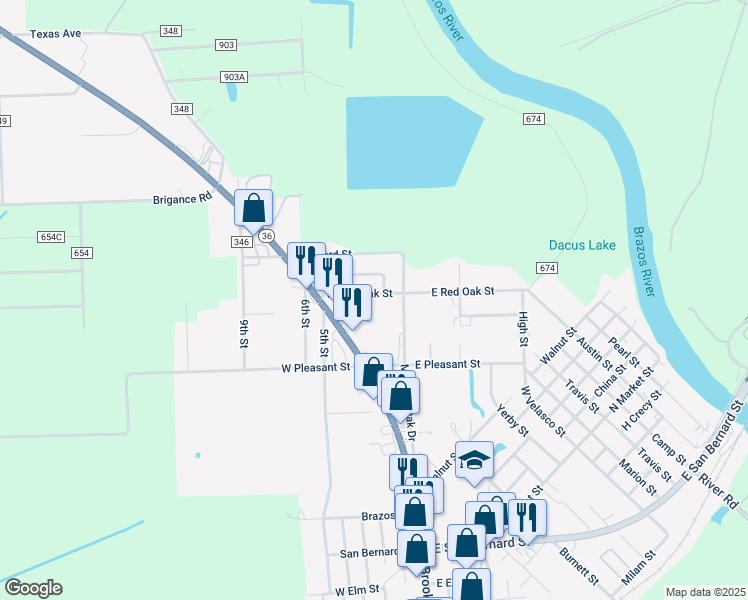 map of restaurants, bars, coffee shops, grocery stores, and more near 109 W Red Oak St in Brazoria