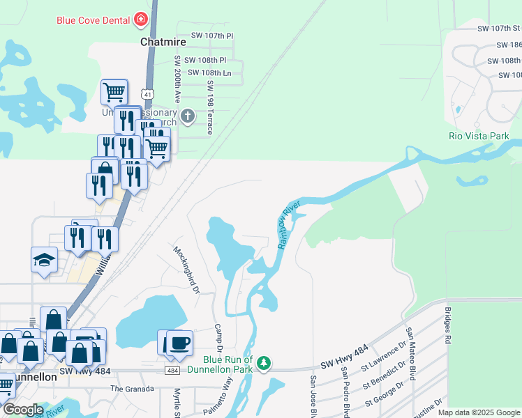 map of restaurants, bars, coffee shops, grocery stores, and more near 11367 South Burkitt Road in Dunnellon