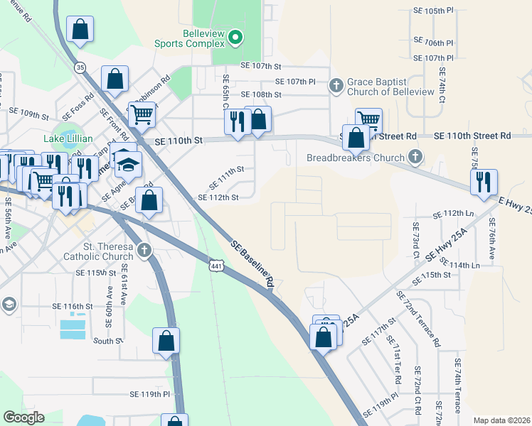 map of restaurants, bars, coffee shops, grocery stores, and more near 11334 68th Court in Belleview