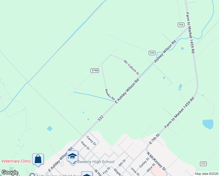map of restaurants, bars, coffee shops, grocery stores, and more near 1420 County Road 878A in Sweeny