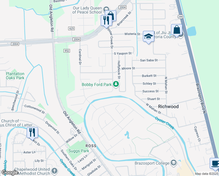 map of restaurants, bars, coffee shops, grocery stores, and more near 538 Oyster Creek Drive in Richwood