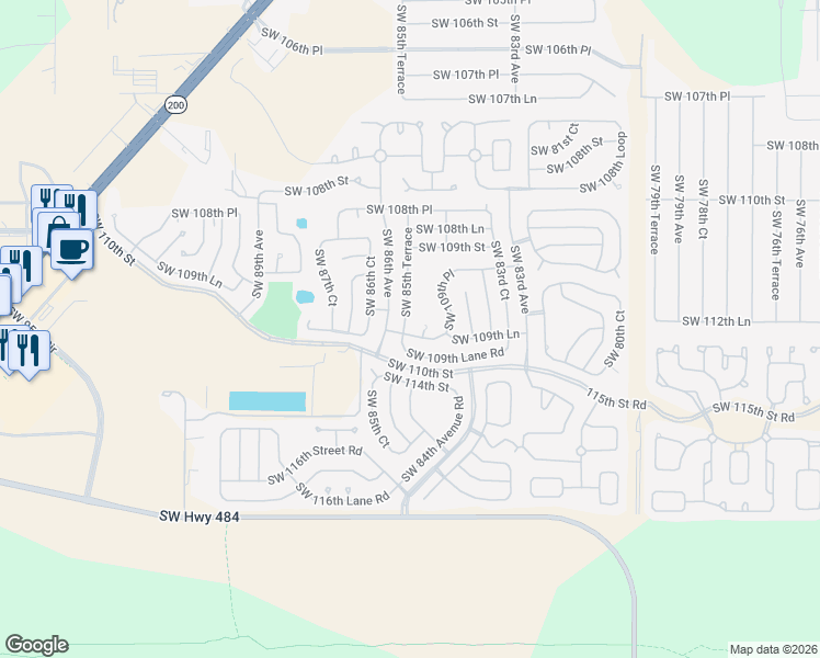 map of restaurants, bars, coffee shops, grocery stores, and more near 8563 Southwest 109th Lane Road in Ocala