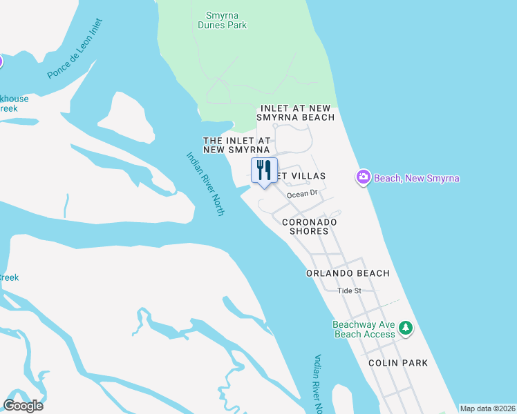 map of restaurants, bars, coffee shops, grocery stores, and more near Spyglass Lane in New Smyrna Beach