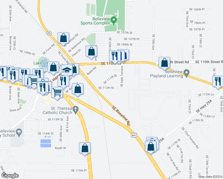 map of restaurants, bars, coffee shops, grocery stores, and more near 6504 Southeast 112th Street in Belleview