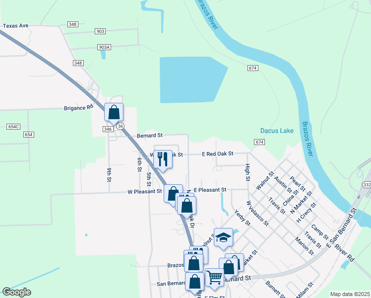 map of restaurants, bars, coffee shops, grocery stores, and more near 310 Masonic Oak Drive in Brazoria