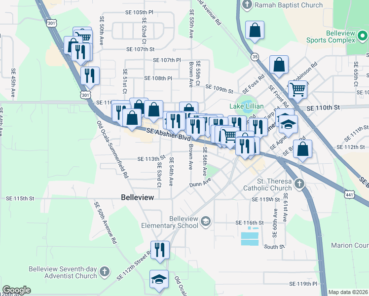map of restaurants, bars, coffee shops, grocery stores, and more near 5506 Southeast Abshier Boulevard in Belleview