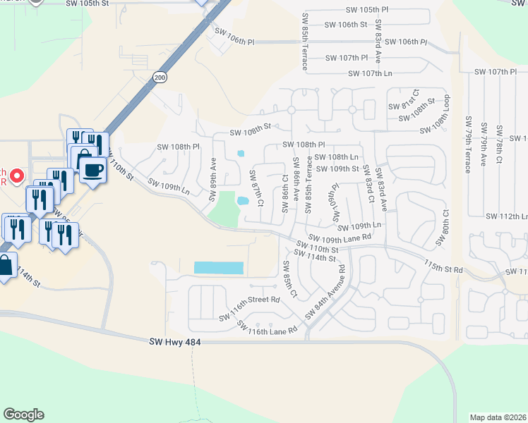 map of restaurants, bars, coffee shops, grocery stores, and more near 10963 Southwest 87th Court in Ocala