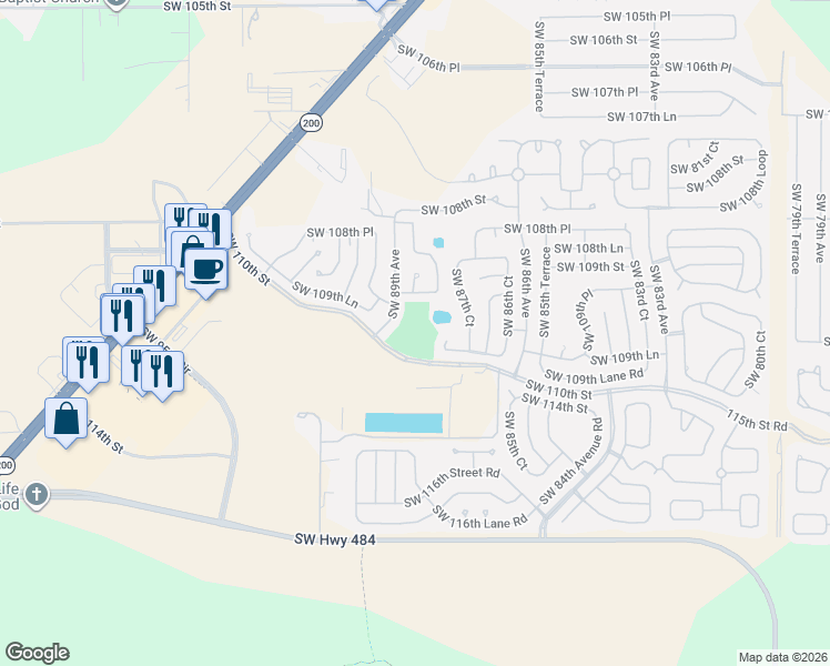 map of restaurants, bars, coffee shops, grocery stores, and more near 8825 Southwest 110th Street in Ocala