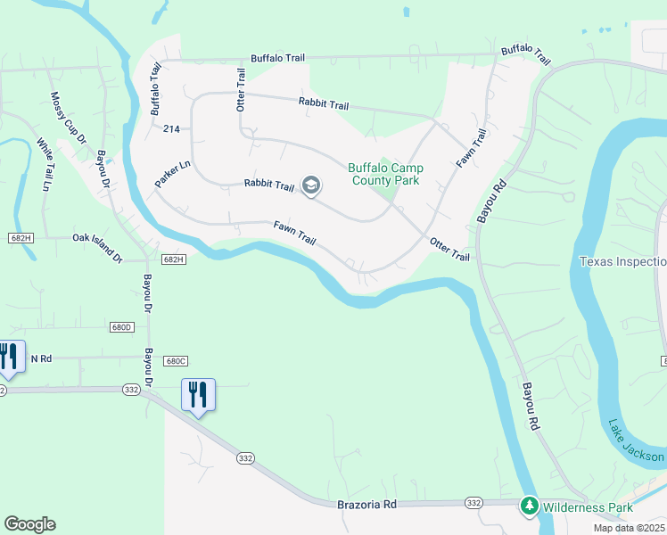 map of restaurants, bars, coffee shops, grocery stores, and more near 232 Fawn Trail in Lake Jackson