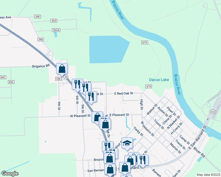 map of restaurants, bars, coffee shops, grocery stores, and more near 310 Masonic Oak Drive in Brazoria