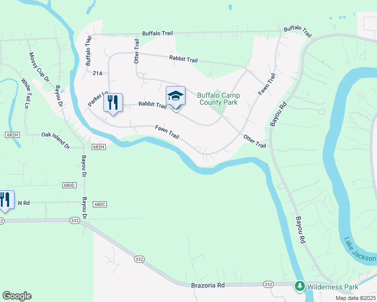 map of restaurants, bars, coffee shops, grocery stores, and more near 232 Fawn Trail in Lake Jackson
