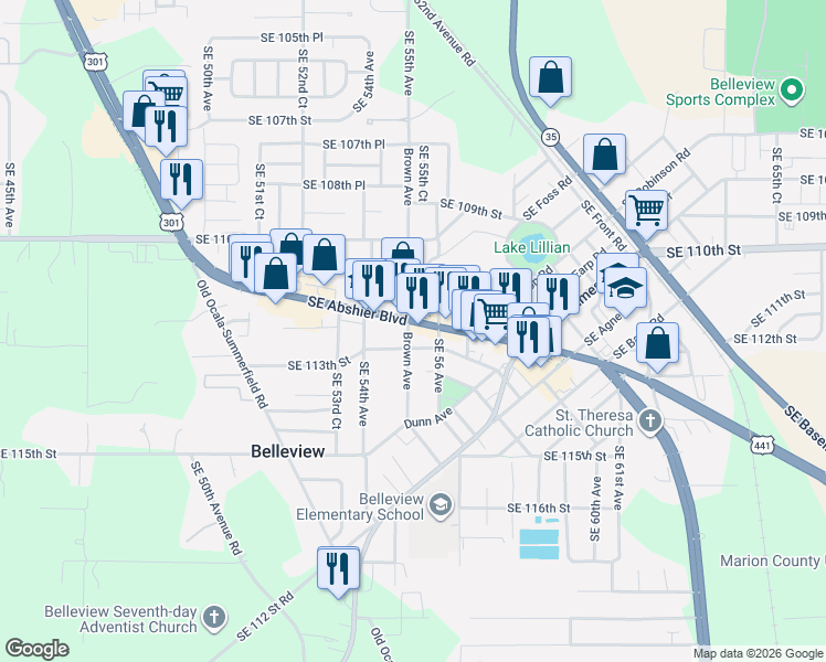 map of restaurants, bars, coffee shops, grocery stores, and more near 5506 Southeast Abshier Boulevard in Belleview