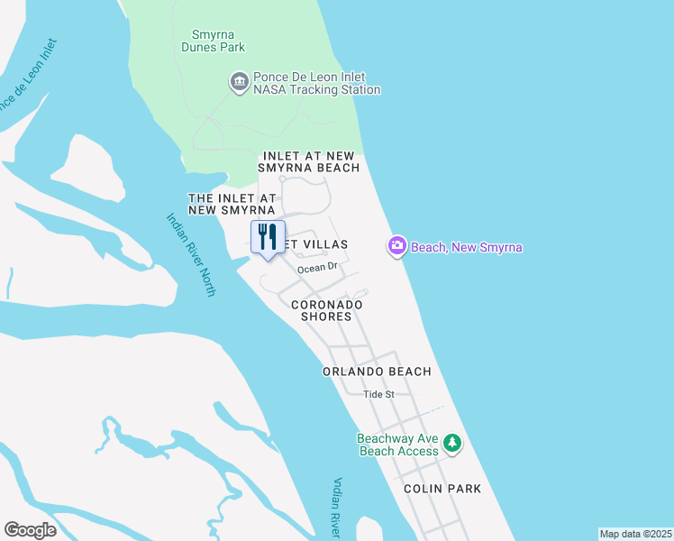 map of restaurants, bars, coffee shops, grocery stores, and more near 213 Ocean Drive in New Smyrna Beach