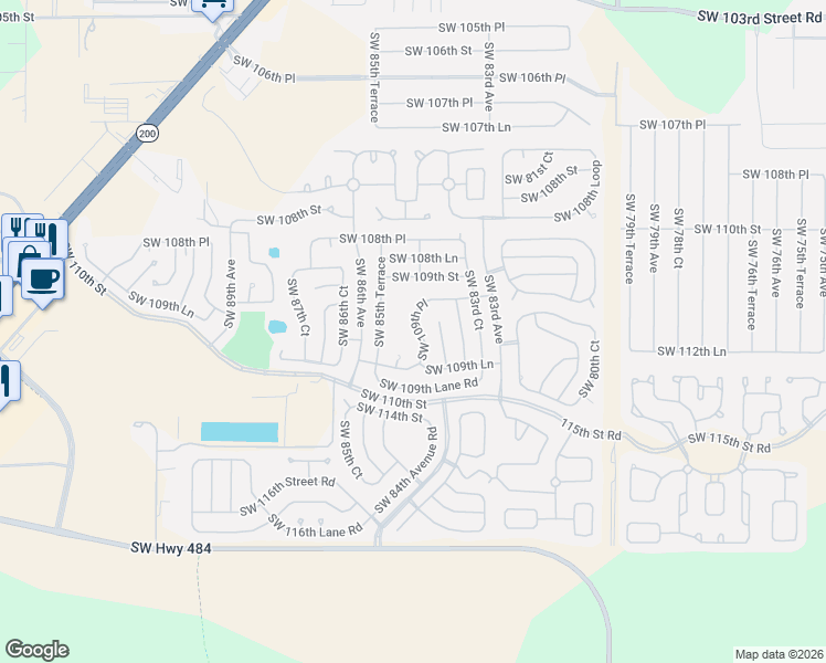 map of restaurants, bars, coffee shops, grocery stores, and more near 8457 Southwest 109th Place in Ocala