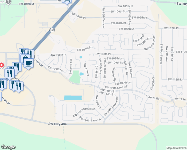 map of restaurants, bars, coffee shops, grocery stores, and more near 10951 Southwest 86th Terrace in Ocala
