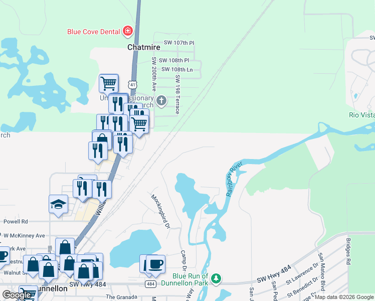 map of restaurants, bars, coffee shops, grocery stores, and more near 19608 South Burkitt Road in Dunnellon
