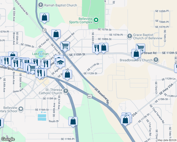 map of restaurants, bars, coffee shops, grocery stores, and more near 6444 Southeast 111th Street in Belleview