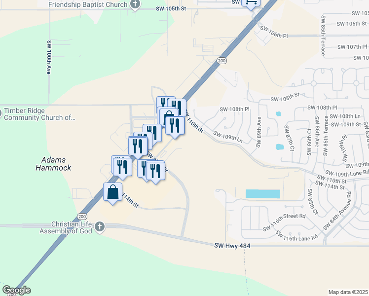 map of restaurants, bars, coffee shops, grocery stores, and more near 11175 Southwest 93rd Court Road in Ocala