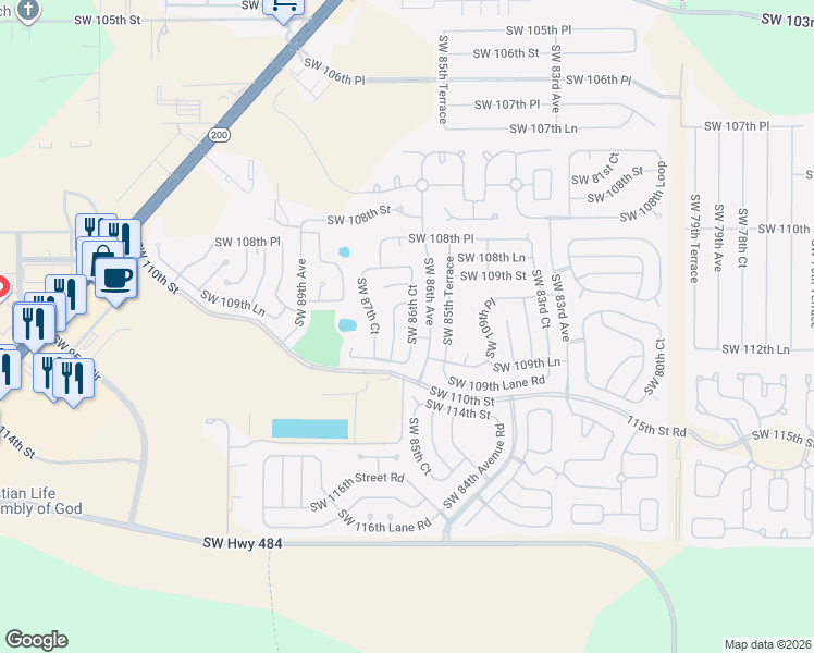 map of restaurants, bars, coffee shops, grocery stores, and more near 10934 Southwest 86th Court in Ocala