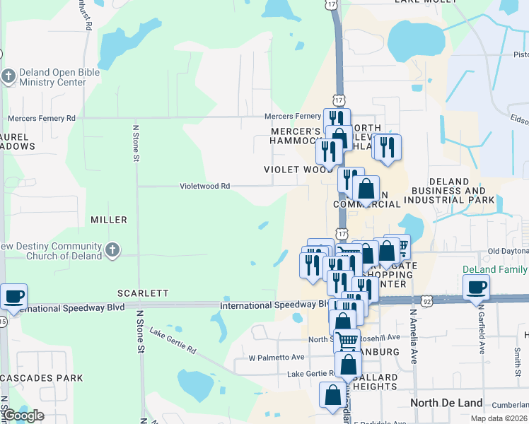 map of restaurants, bars, coffee shops, grocery stores, and more near 304 Violetwood Road in DeLand