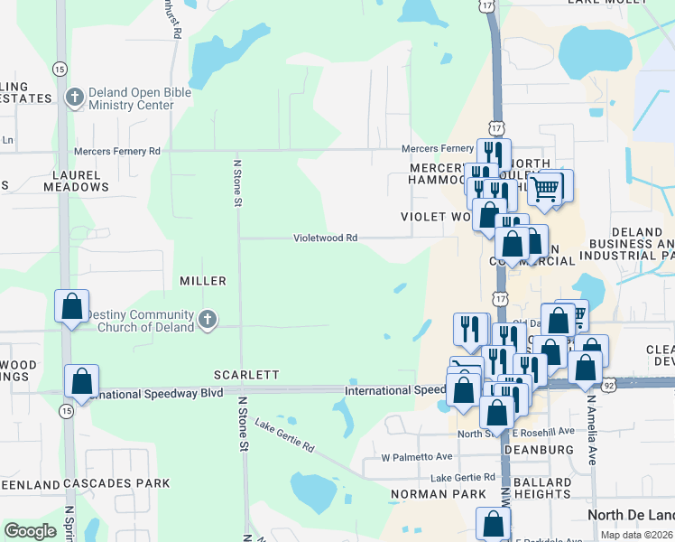 map of restaurants, bars, coffee shops, grocery stores, and more near 324 Violetwood Road in DeLand