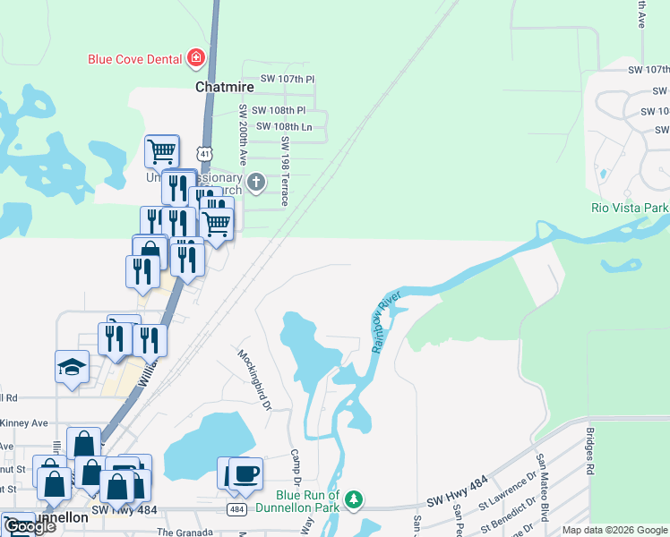 map of restaurants, bars, coffee shops, grocery stores, and more near 19608 South Burkitt Road in Dunnellon
