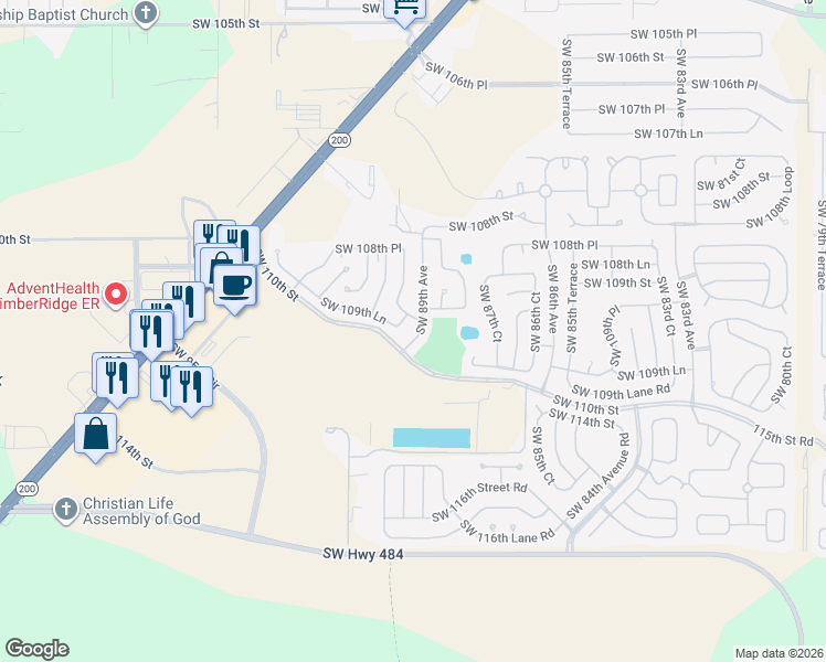 map of restaurants, bars, coffee shops, grocery stores, and more near 10964 Southwest 89th Avenue in Ocala