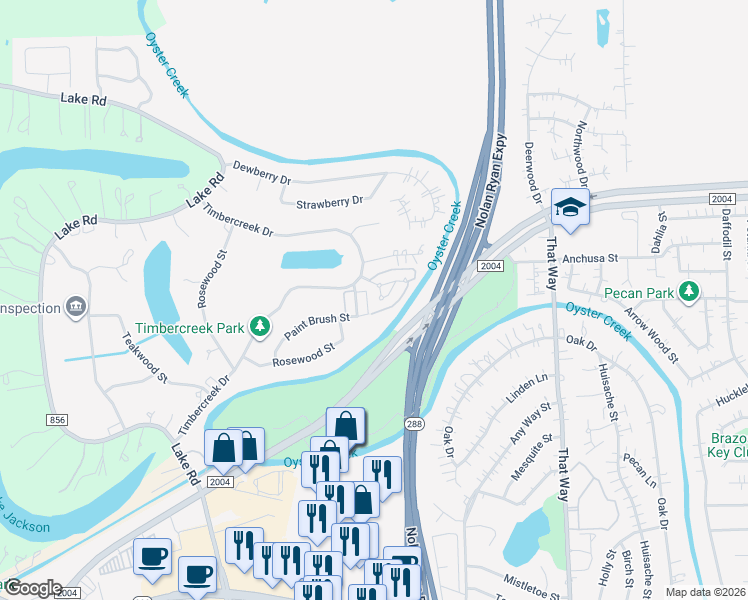 map of restaurants, bars, coffee shops, grocery stores, and more near 17 Heritage Oak Court in Lake Jackson