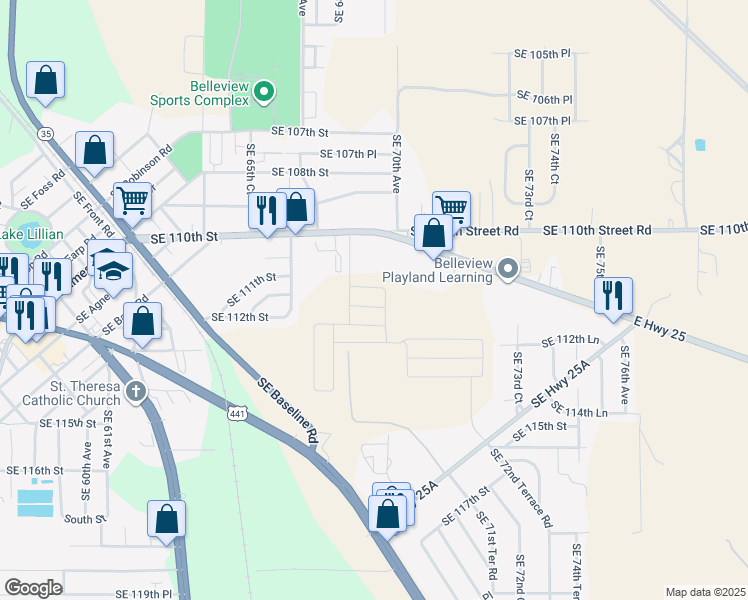 map of restaurants, bars, coffee shops, grocery stores, and more near 6850 Southeast 110th Street in Belleview