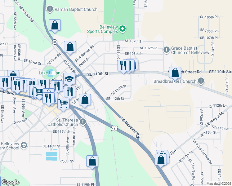 map of restaurants, bars, coffee shops, grocery stores, and more near 6444 Southeast 111th Street in Belleview
