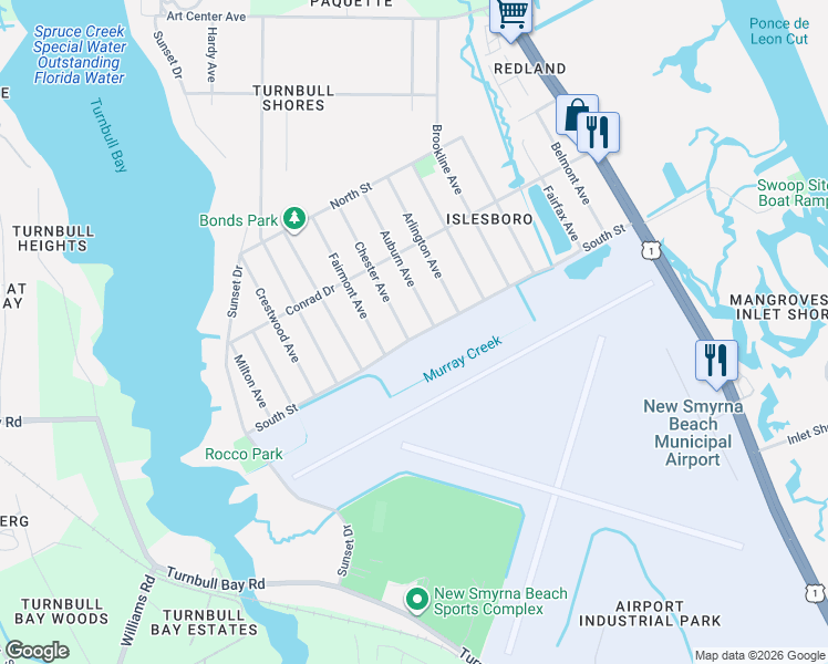map of restaurants, bars, coffee shops, grocery stores, and more near 2501 Chester Avenue in New Smyrna Beach