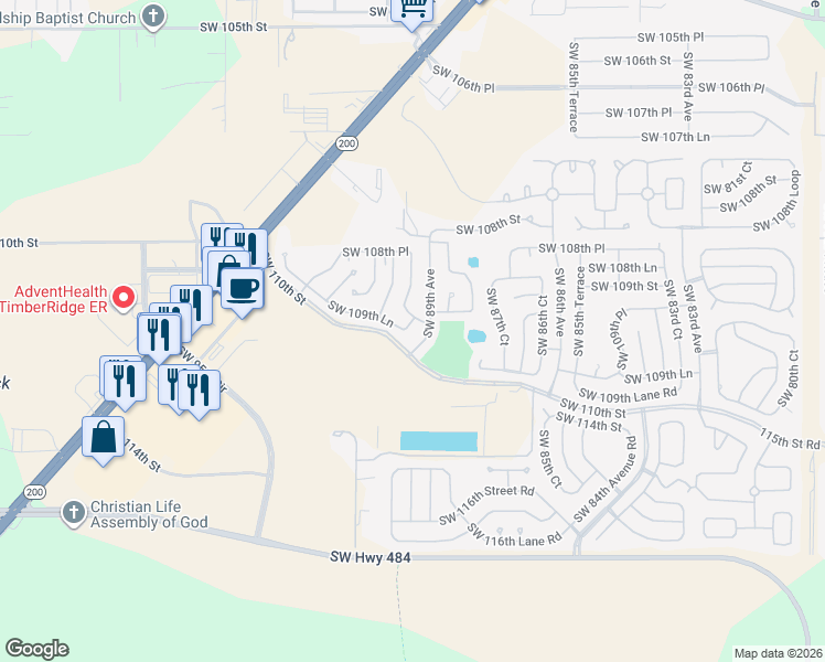 map of restaurants, bars, coffee shops, grocery stores, and more near 10964 Southwest 89th Avenue in Ocala