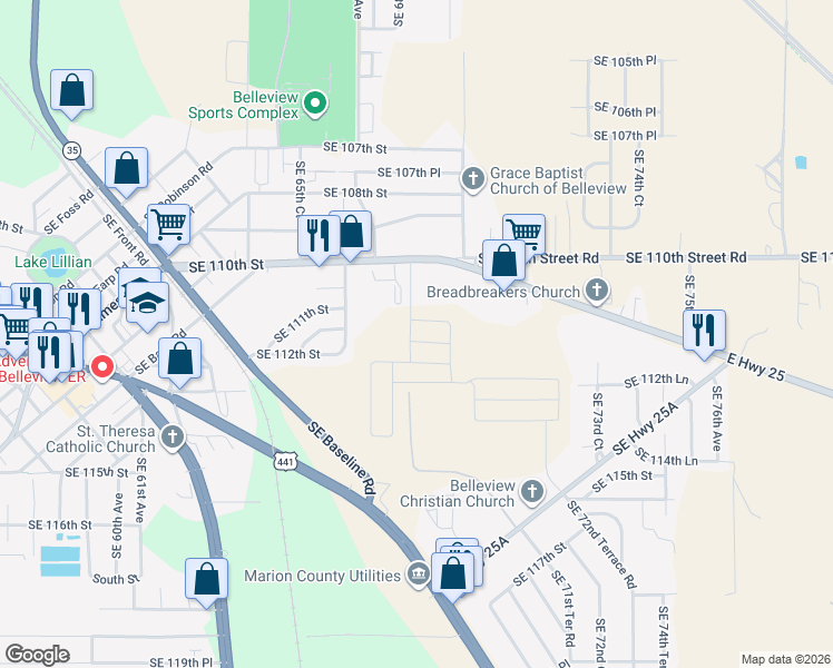 map of restaurants, bars, coffee shops, grocery stores, and more near 6850 Southeast 110th Street in Belleview