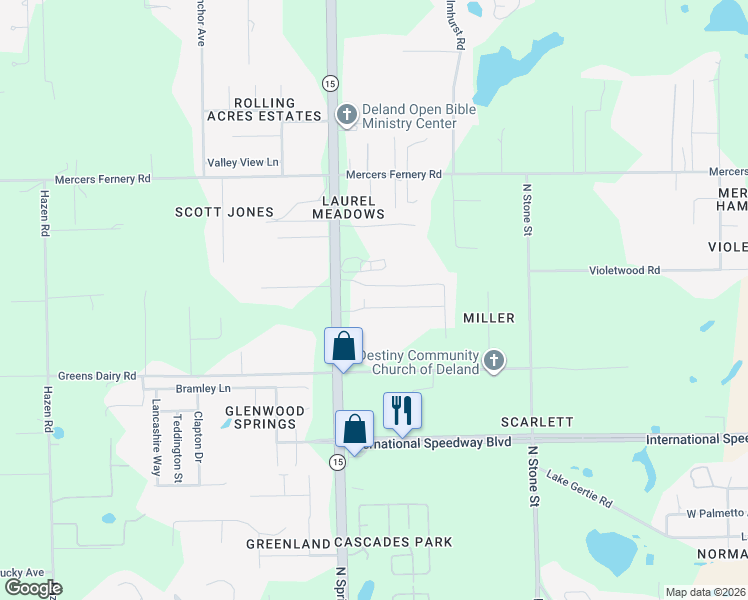 map of restaurants, bars, coffee shops, grocery stores, and more near 1825 North Spring Garden Avenue in DeLand