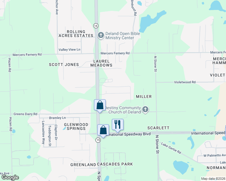 map of restaurants, bars, coffee shops, grocery stores, and more near 1825 North Spring Garden Avenue in DeLand