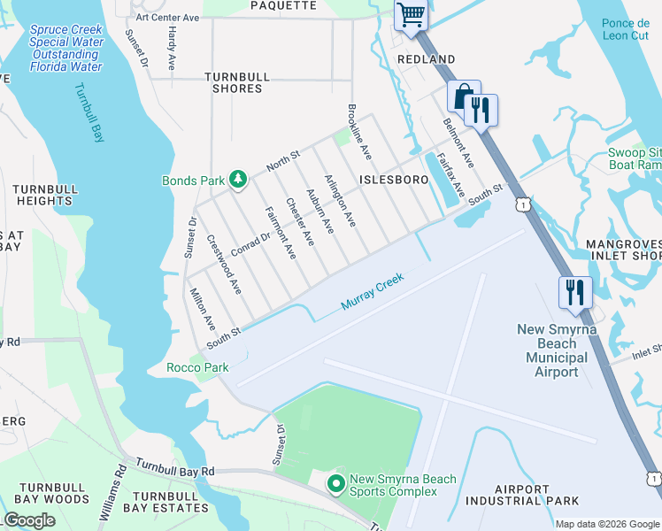map of restaurants, bars, coffee shops, grocery stores, and more near 2501 Chester Avenue in New Smyrna Beach