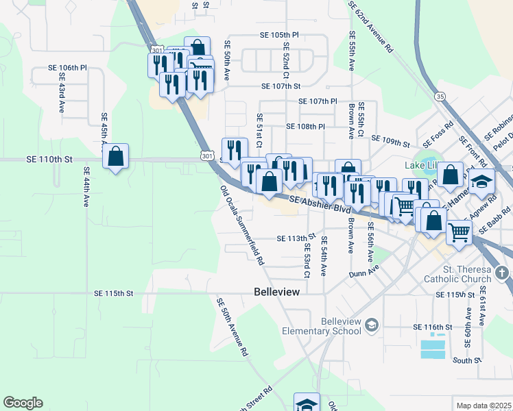 map of restaurants, bars, coffee shops, grocery stores, and more near 11191 Southeast 55th Avenue Road in Belleview