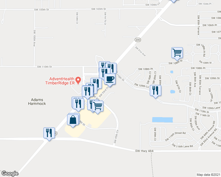 map of restaurants, bars, coffee shops, grocery stores, and more near 11175 Southwest 93rd Court Road in Ocala