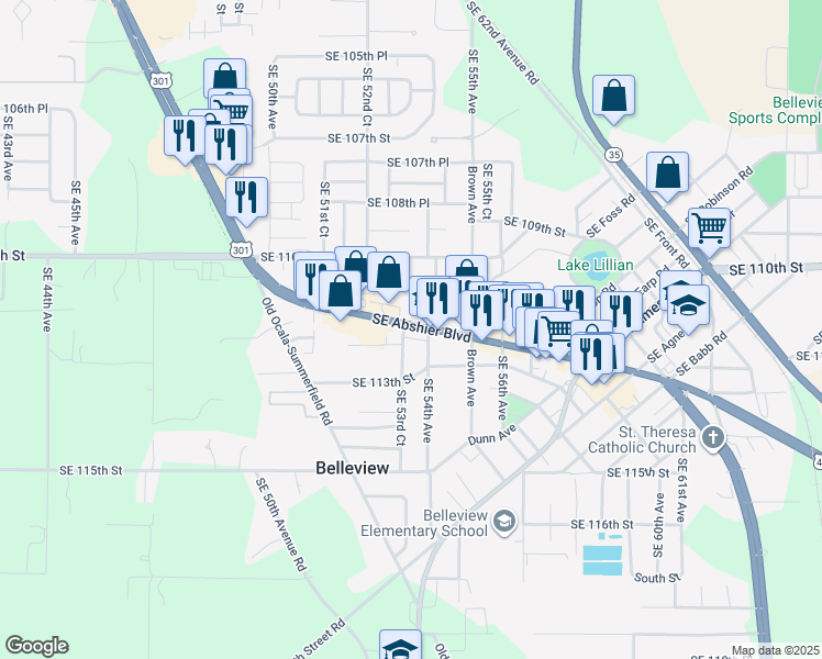 map of restaurants, bars, coffee shops, grocery stores, and more near in Belleview
