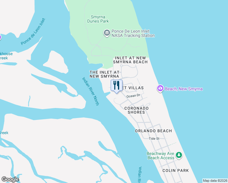 map of restaurants, bars, coffee shops, grocery stores, and more near 2017 Spyglass Lane in New Smyrna Beach